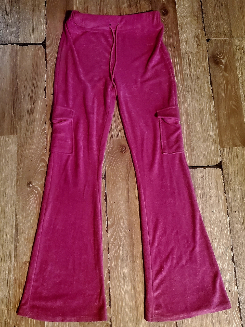 Women's Pink Velour Cargo Flare Pants